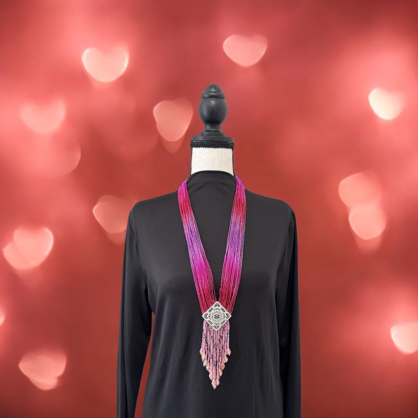 Long Shaded Small Crystal Beaded Square Pendant Necklace with Heavy Tassel Purple