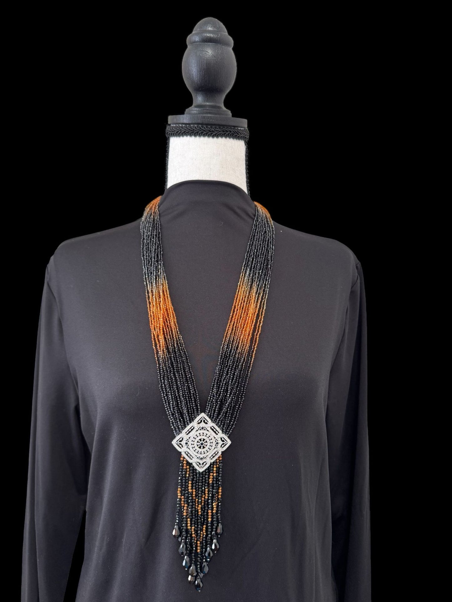 Long Shaded Small Crystal Beaded Square Pendant Necklace with Heavy Tassel Black