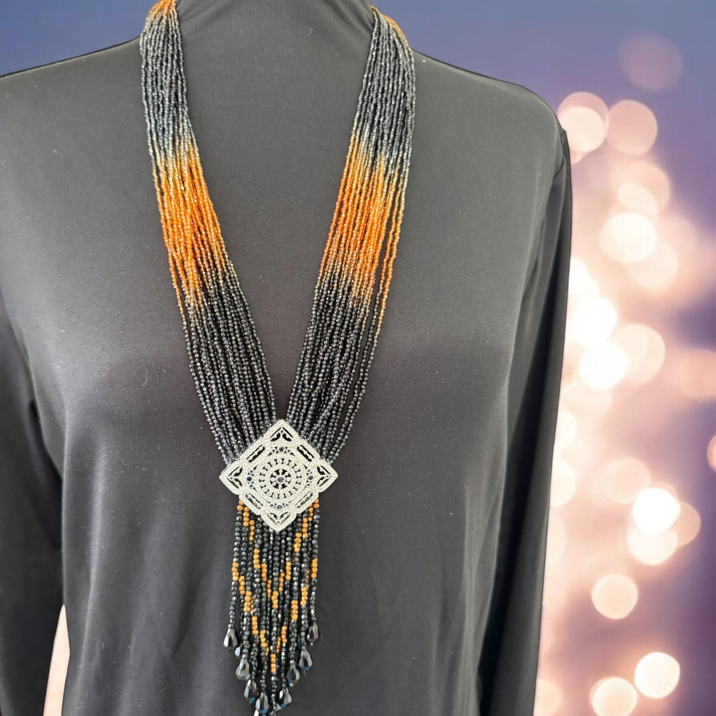 Long Shaded Small Crystal Beaded Square Pendant Necklace with Heavy Tassel Black