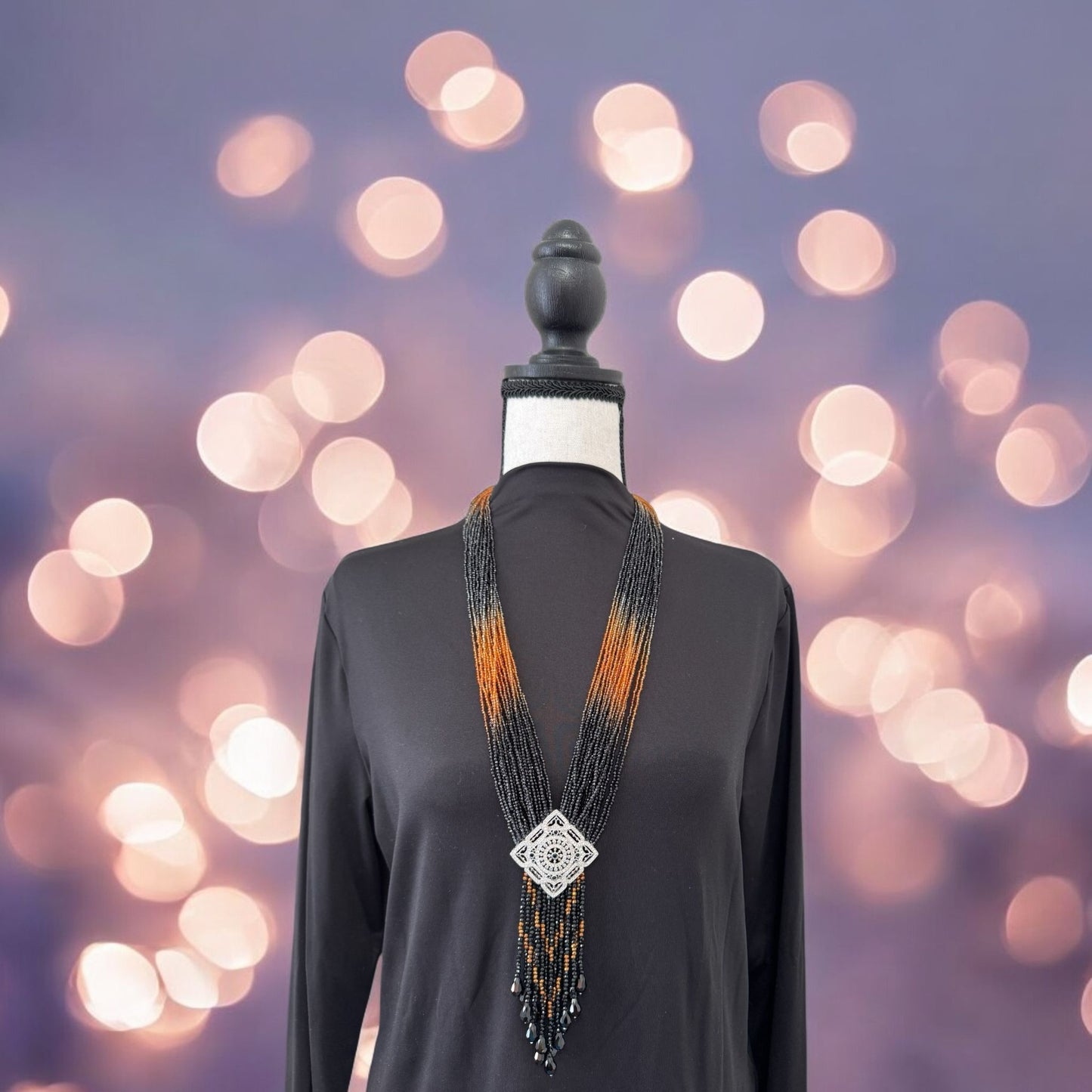 Long Shaded Small Crystal Beaded Square Pendant Necklace with Heavy Tassel Black