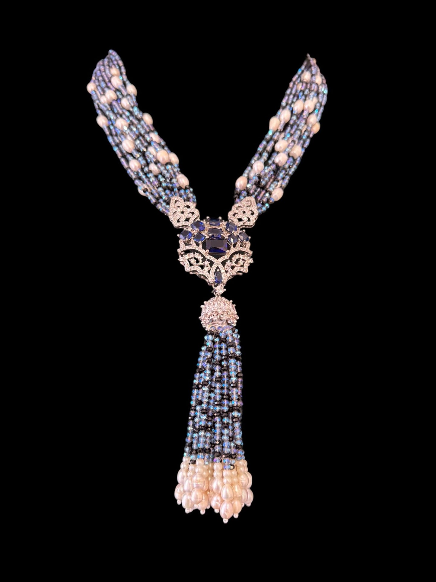 Fresh Water Pearl and Crystal with Necklace Large Pendant Blue