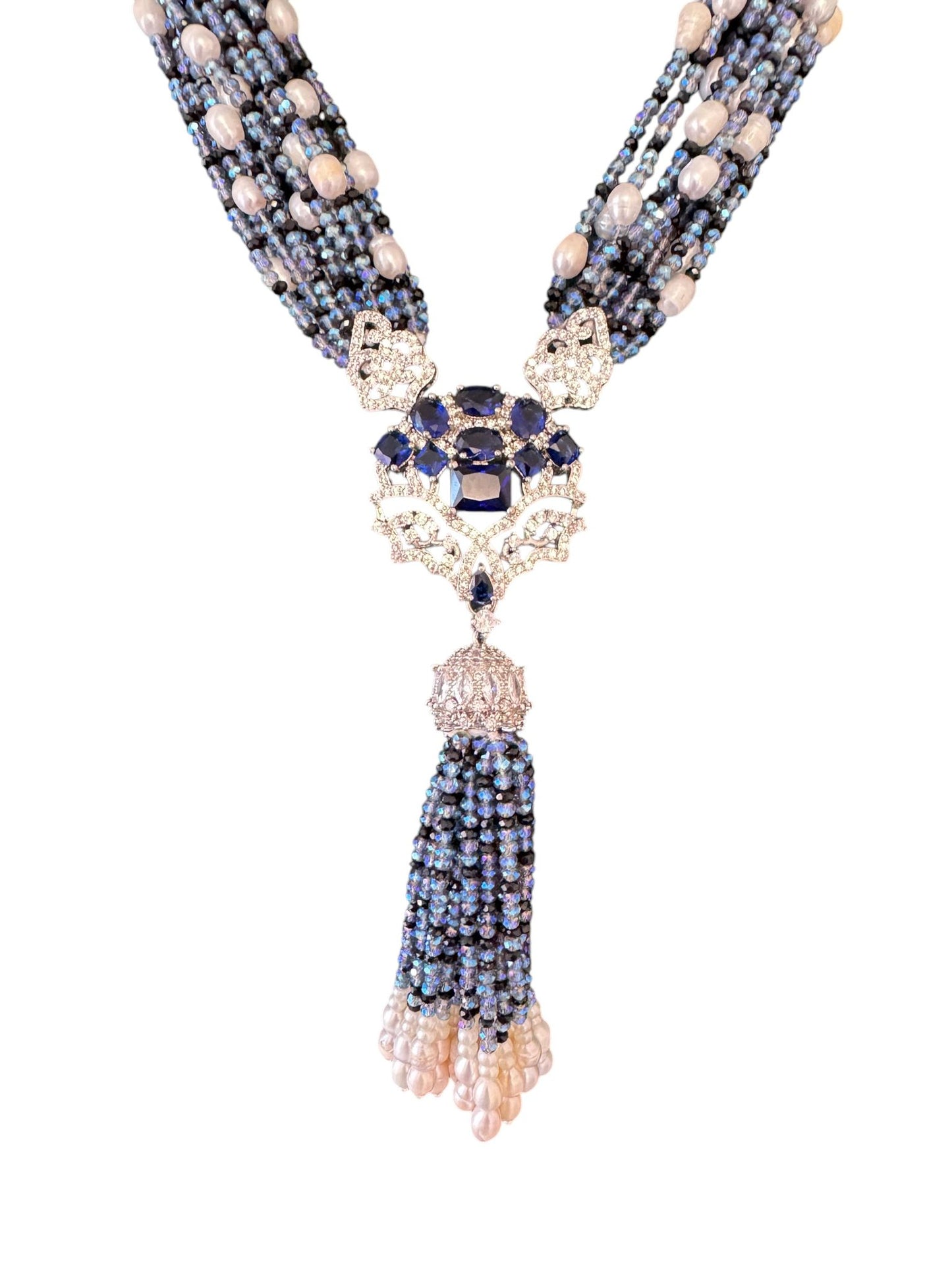 Fresh Water Pearl and Crystal with Necklace Large Pendant Blue