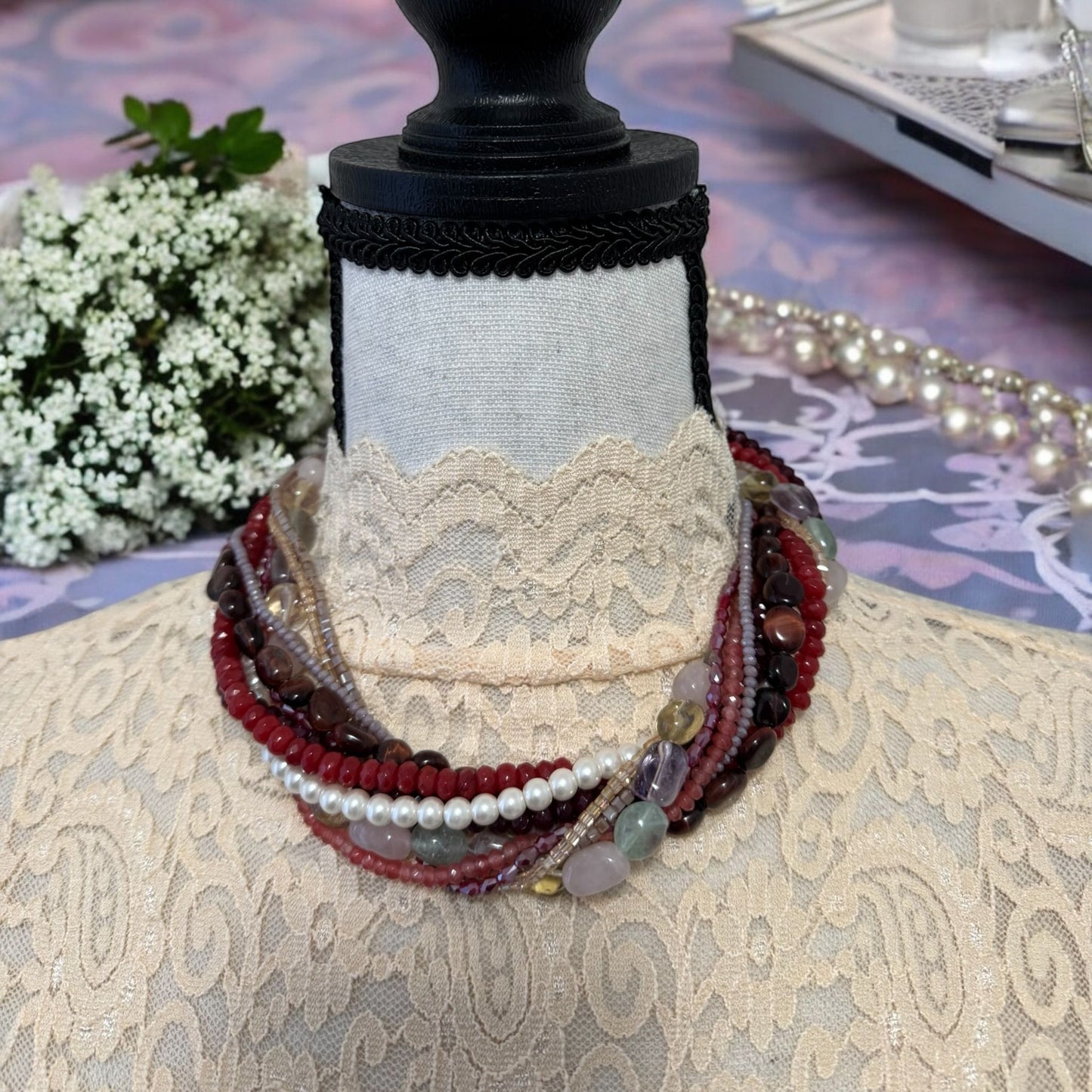 Short Clustered with Pearl, Semi Precious Stones, Glass Bead and Crystal Necklace Red