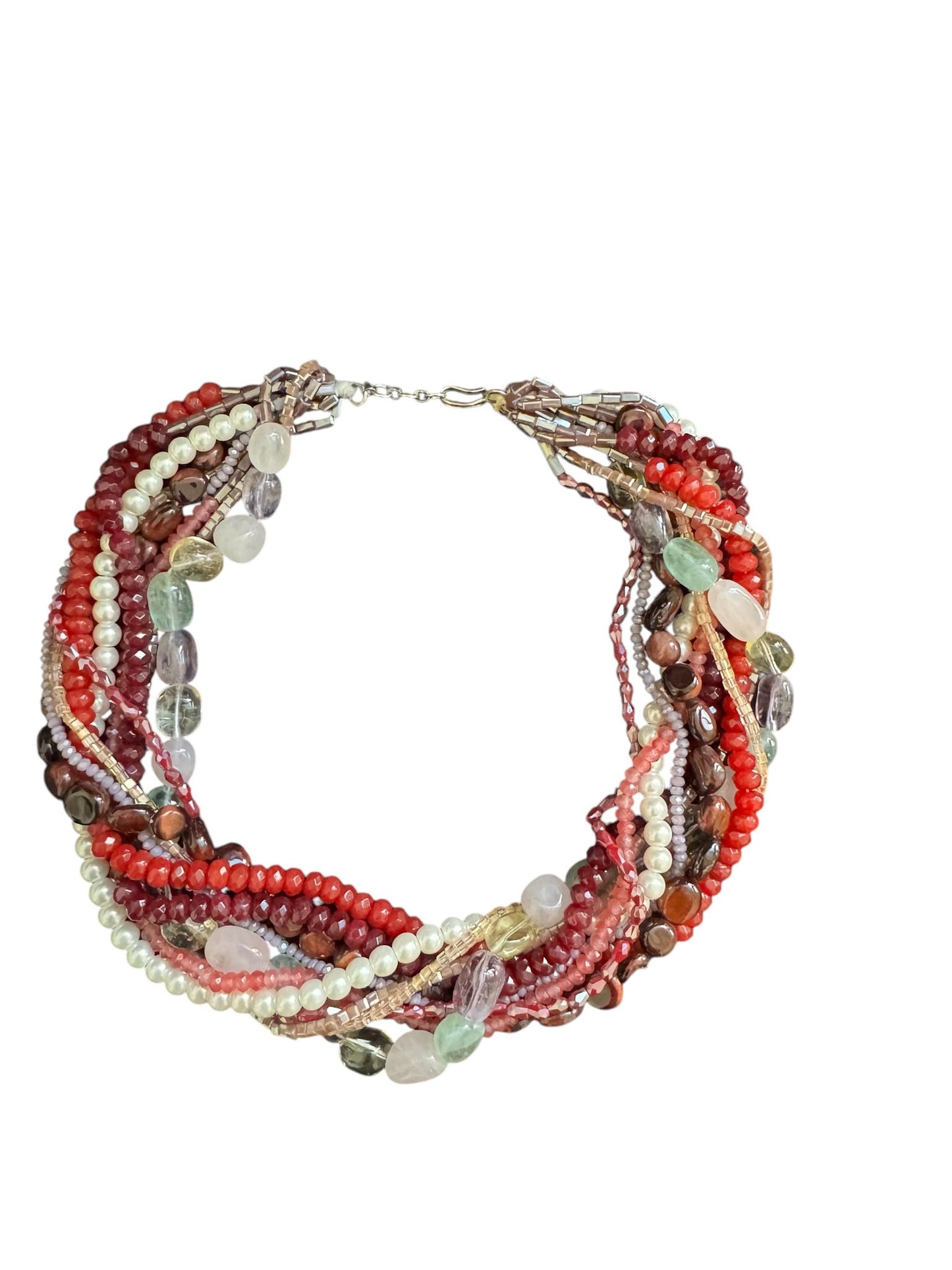 Short Clustered with Pearl, Semi Precious Stones, Glass Bead and Crystal Necklace Red