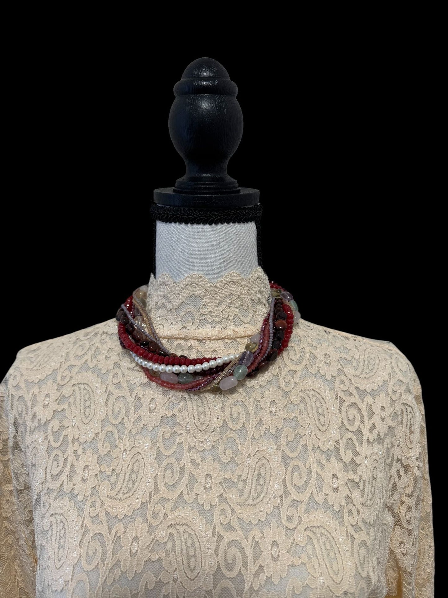 Short Clustered with Pearl, Semi Precious Stones, Glass Bead and Crystal Necklace Red