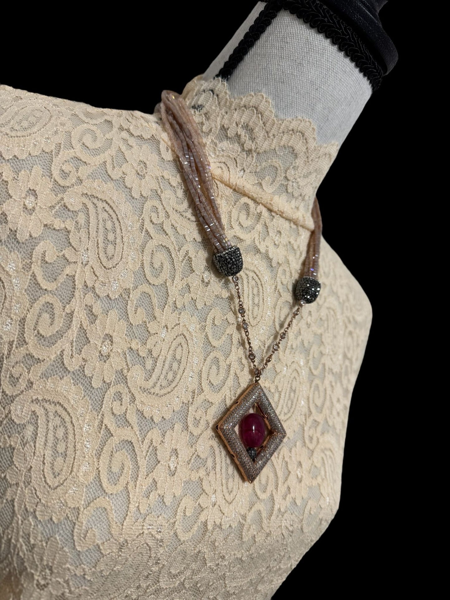 Semi Precious Square Zircon Hollow Pendant with Crystal Necklace Pink