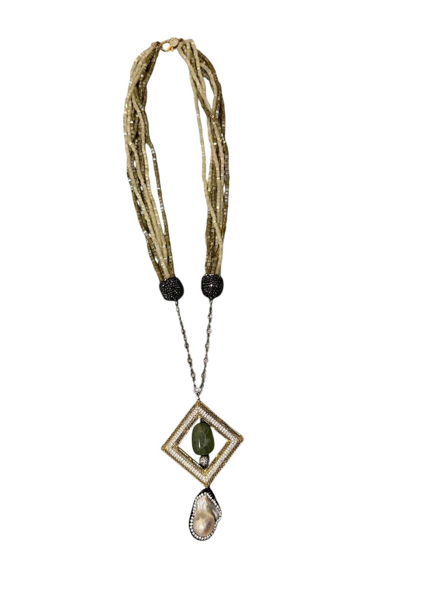 Semi Precious Square Zircon Hollow Pendant with Crystal Necklace Green