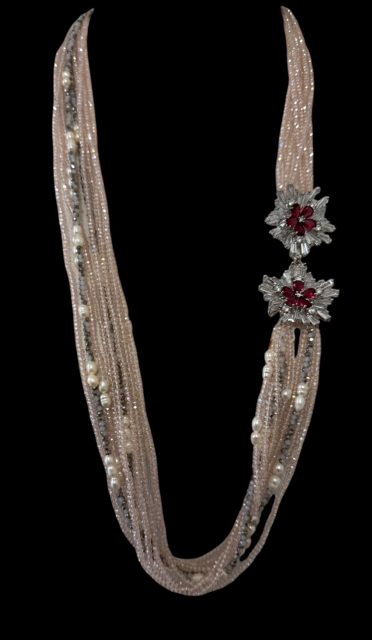 Crystal 10 Line Flower Brooch Necklace Pink