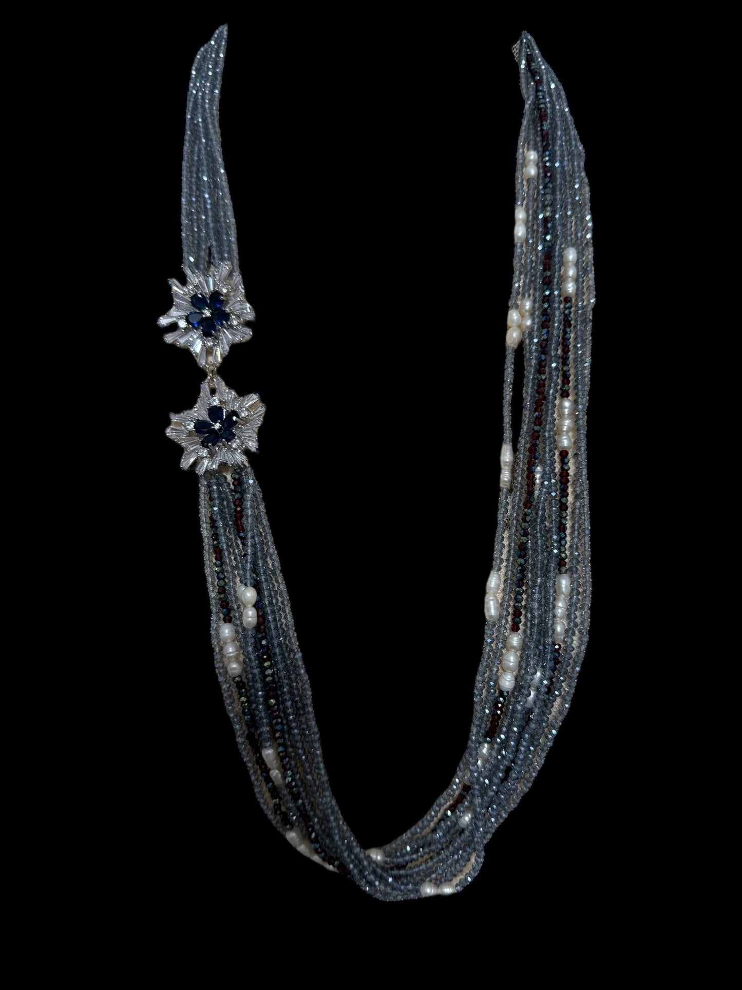 Crystal 10 Line Flower Brooch Necklace Blue