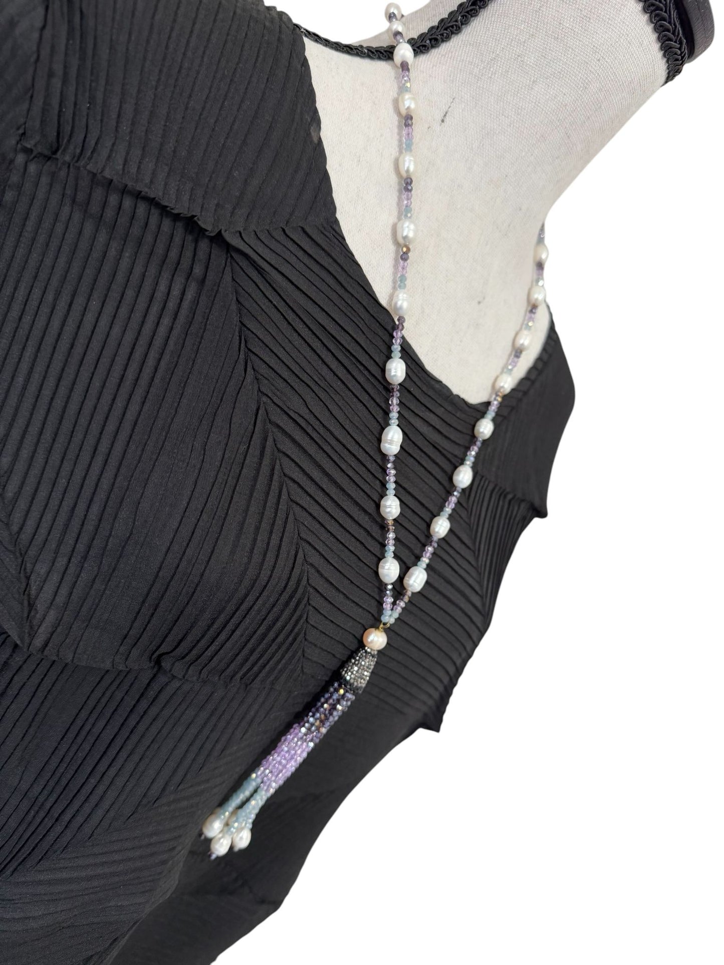 Tricolor Fresh Water Pearl and Crystal with Tassel Necklace Purple
