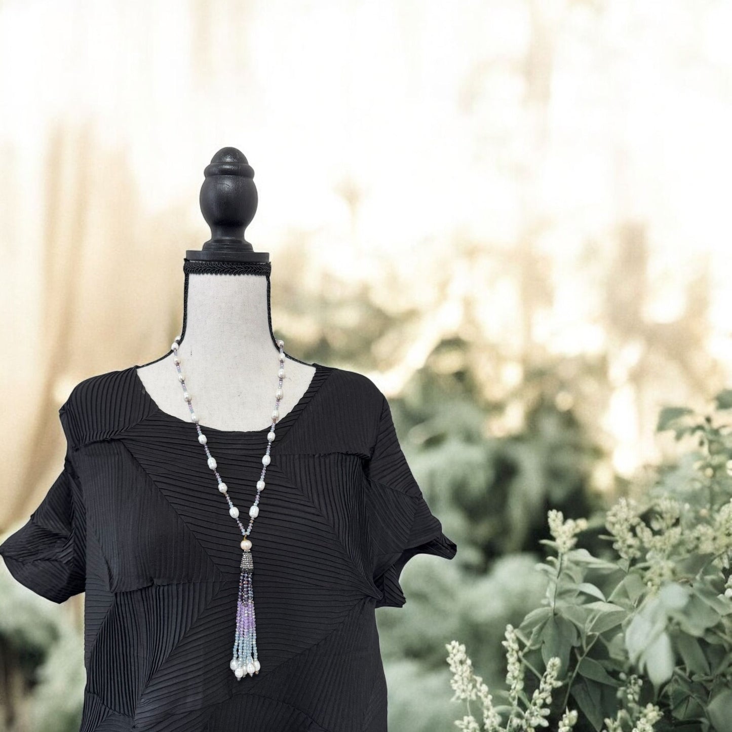 Tricolor Fresh Water Pearl and Crystal with Tassel Necklace Purple