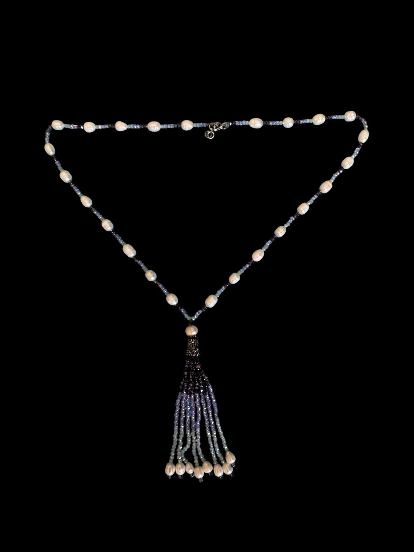 Tricolor Fresh Water Pearl and Crystal with Tassel Necklace Purple