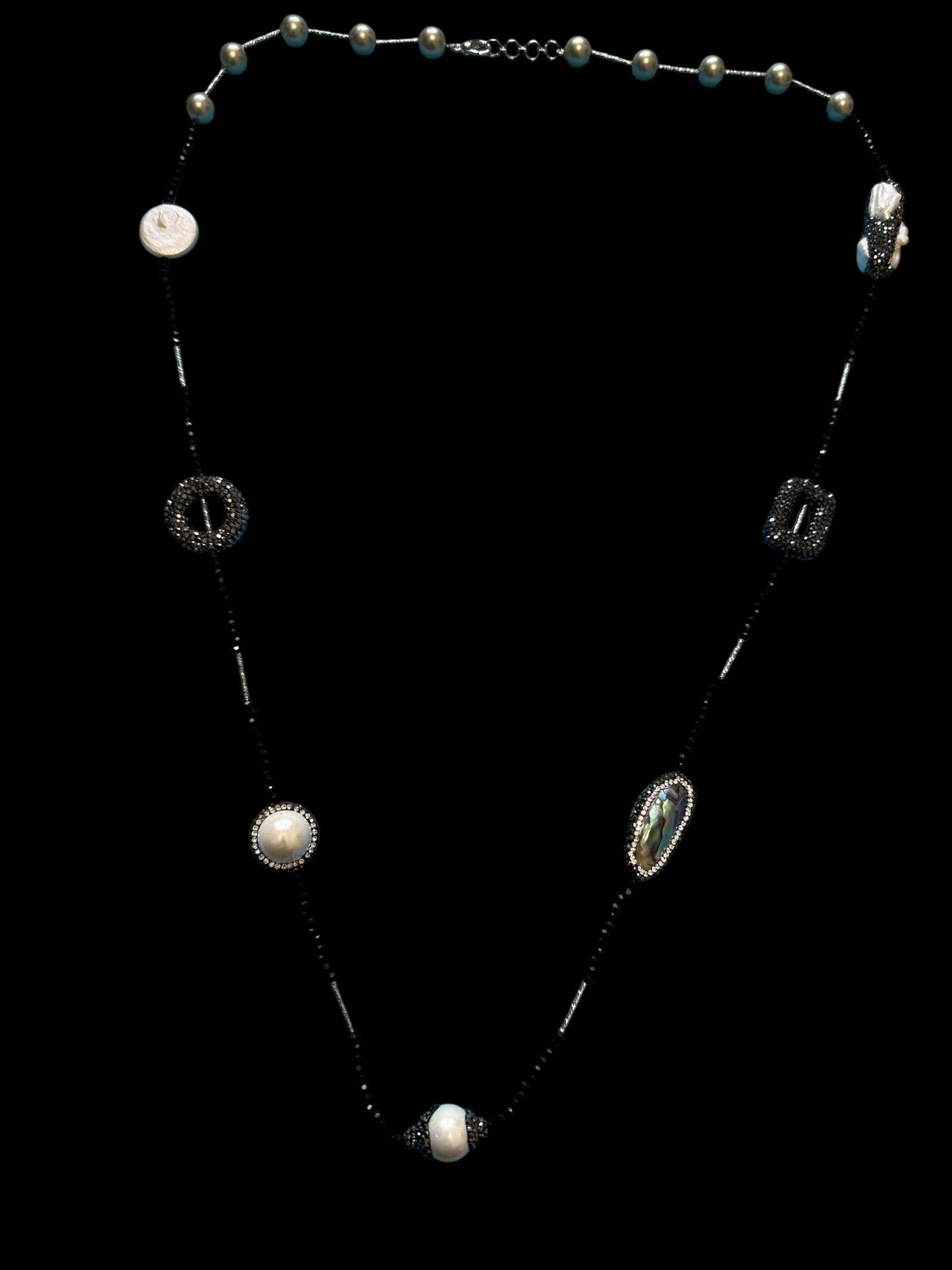 Single Line Pearl and Turkish Bead Crystal Necklace Black