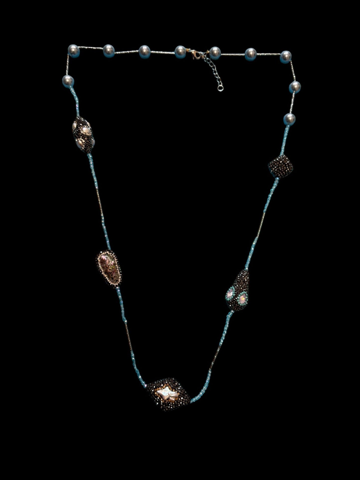 Single Line Pearl and Turkish Bead Crystal Necklace Navy