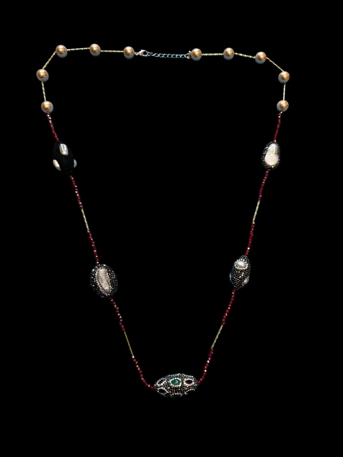 Single Line Pearl and Turkish Bead Crystal Necklace Red