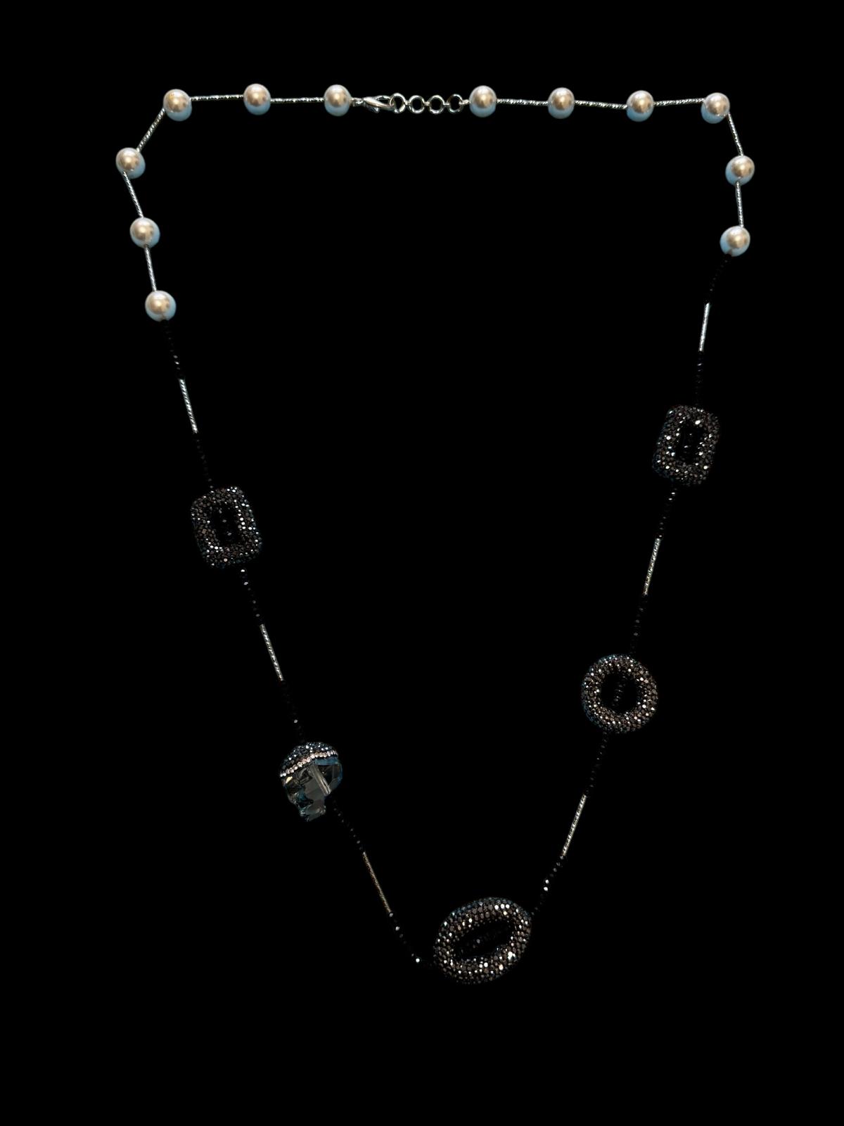 Single Line Pearl and Turkish Bead Crystal Necklace Silver