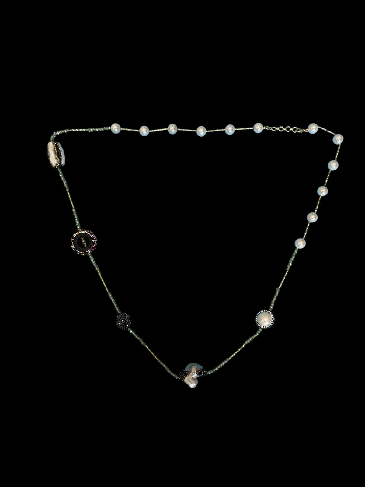 Single Line Pearl and Turkish Bead Crystal Necklace Gold