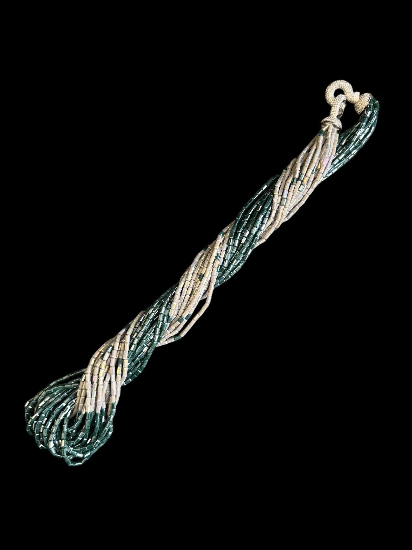 Dual Color Crystal with Question Mark Hook Pendant Clasp Necklace Grayish Green