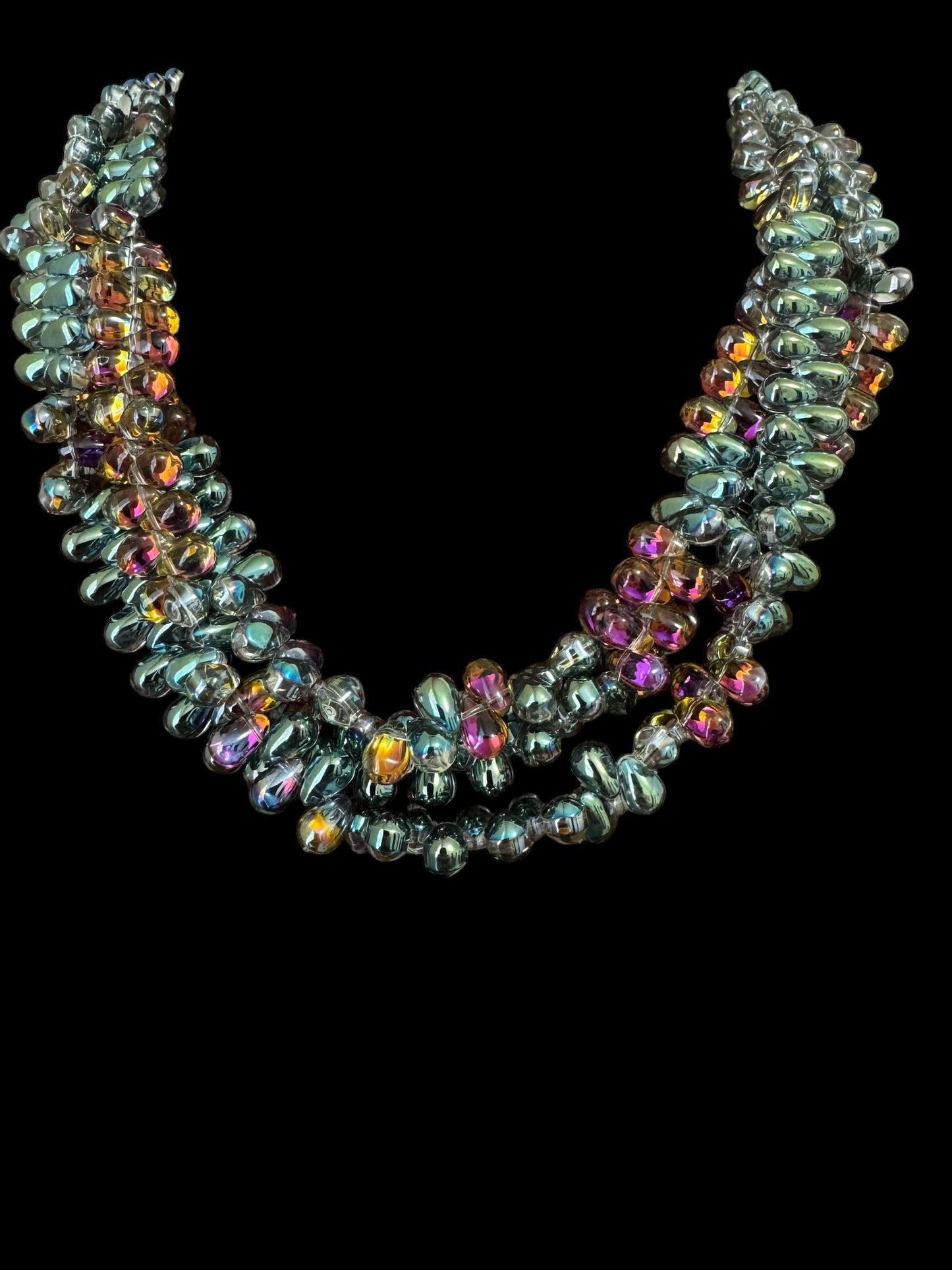 Drop Shaped 3 Line Multicolor Crystal Necklace