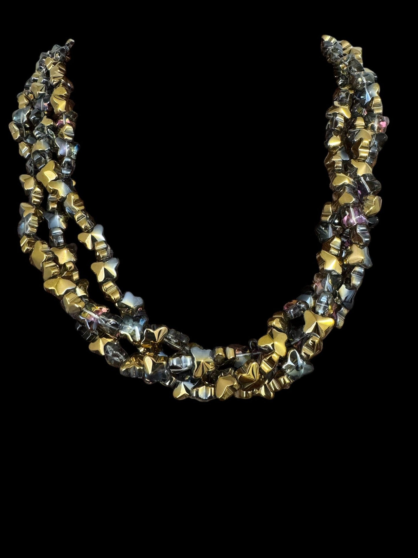 Butterfly Shaped Crystals 3 Line Necklace Gold and Multicolor