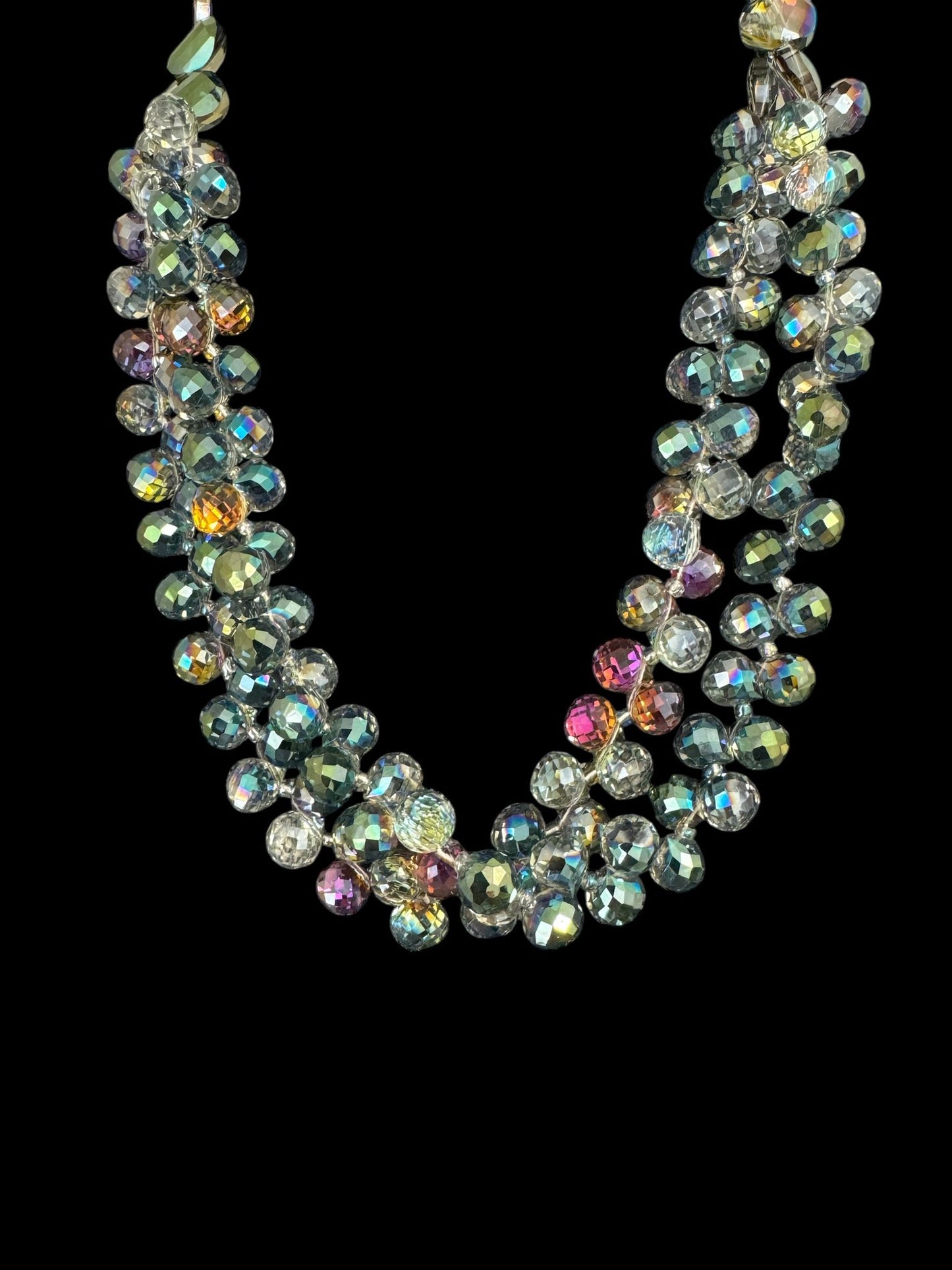 Multicolor Half and Half Large Flat Button and Small Round Shaped 2 Line Crystal Necklace