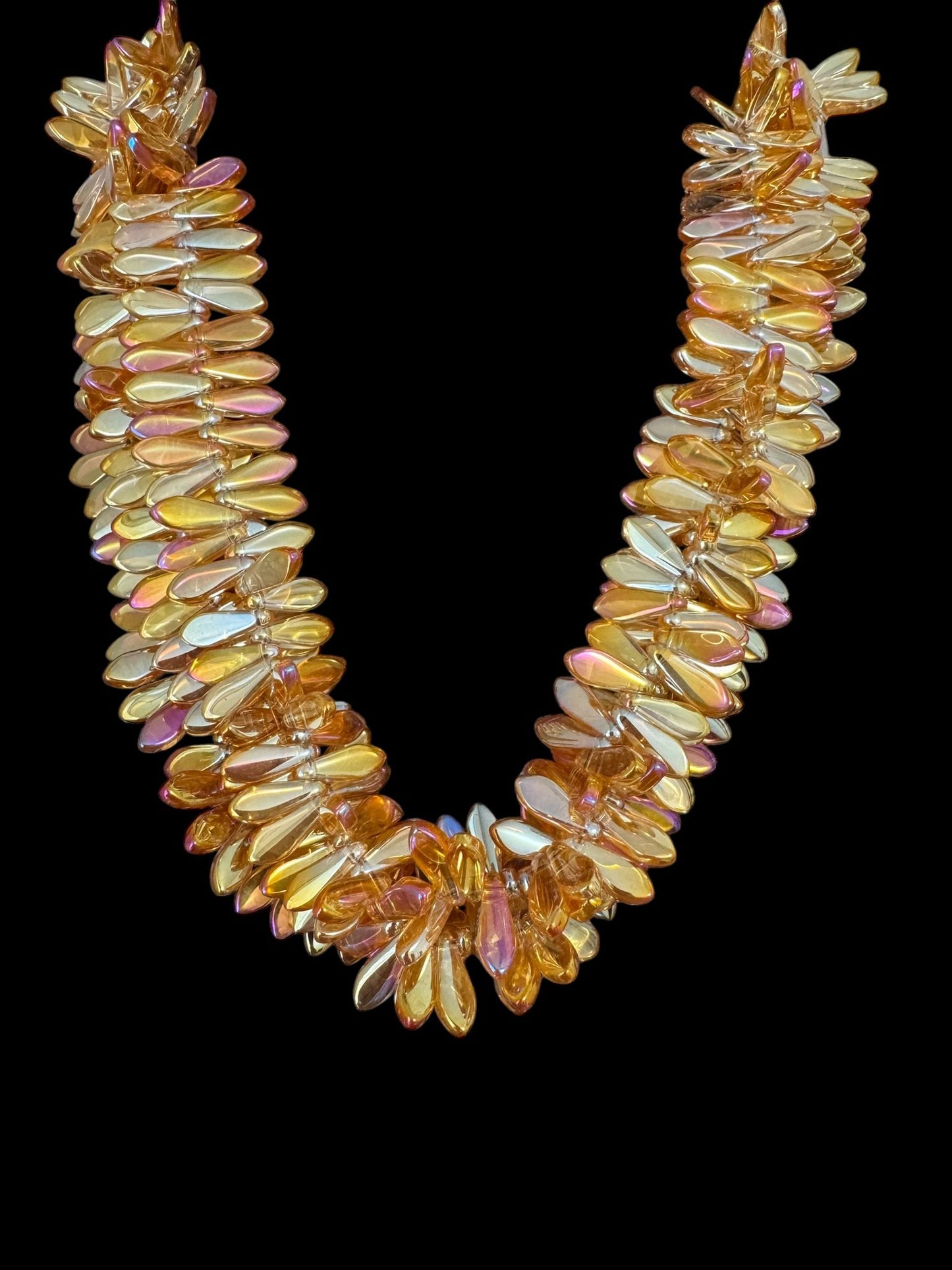 Flat Long Leaf Shaped Crystal 3 Line Necklace