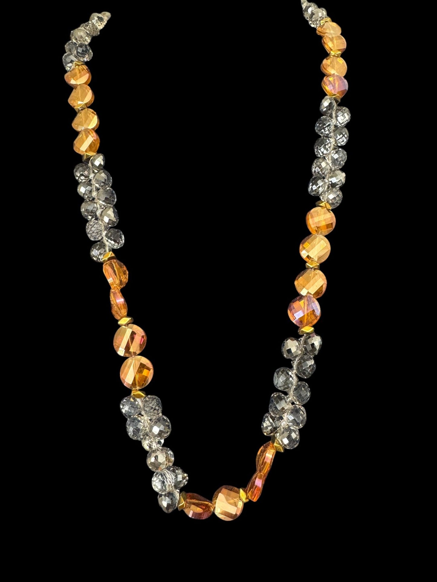 Flat Button Shaped & Round Crystal Long Necklace Gray & Orange