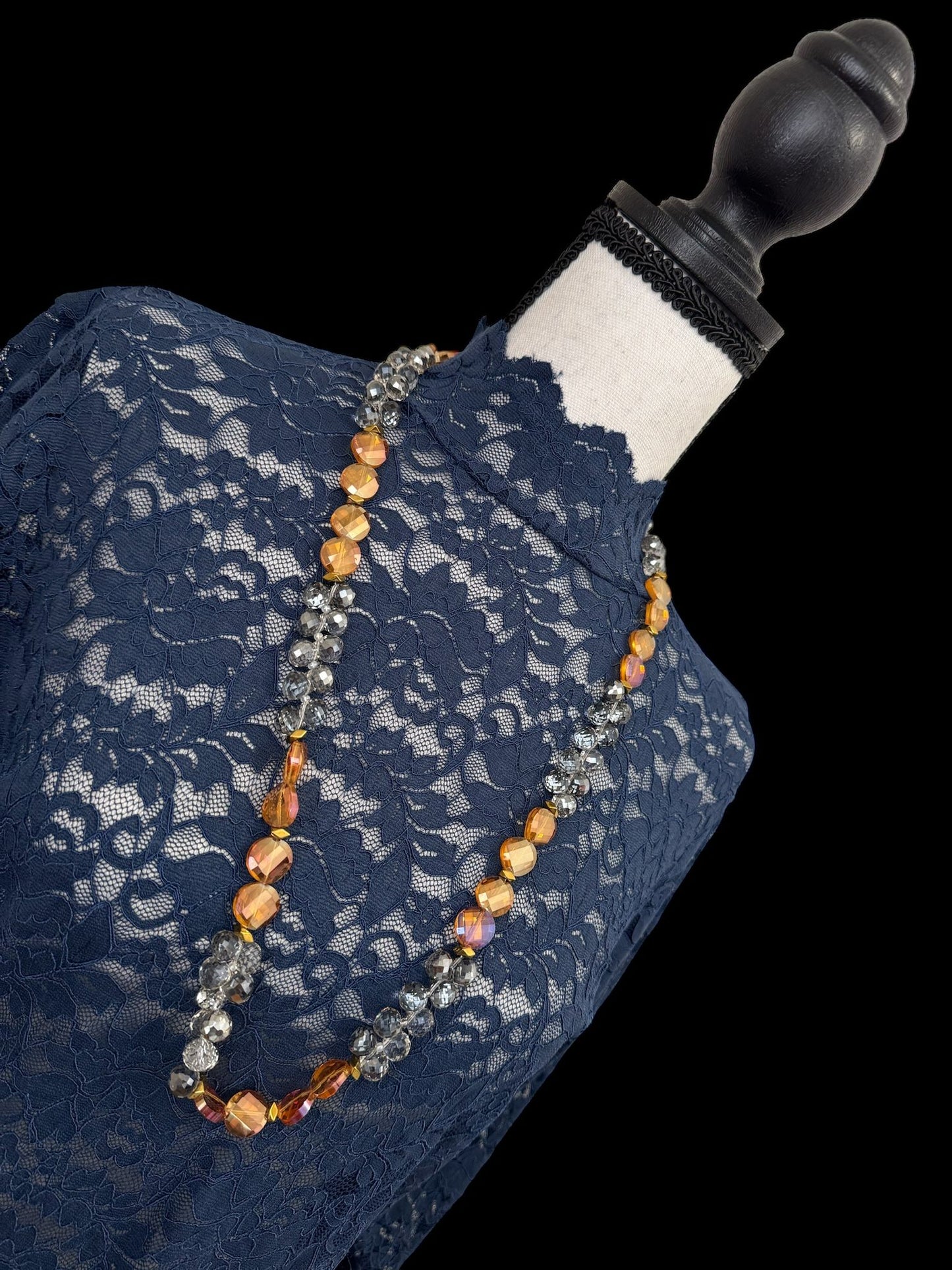 Flat Button Shaped & Round Crystal Long Necklace Gray & Orange