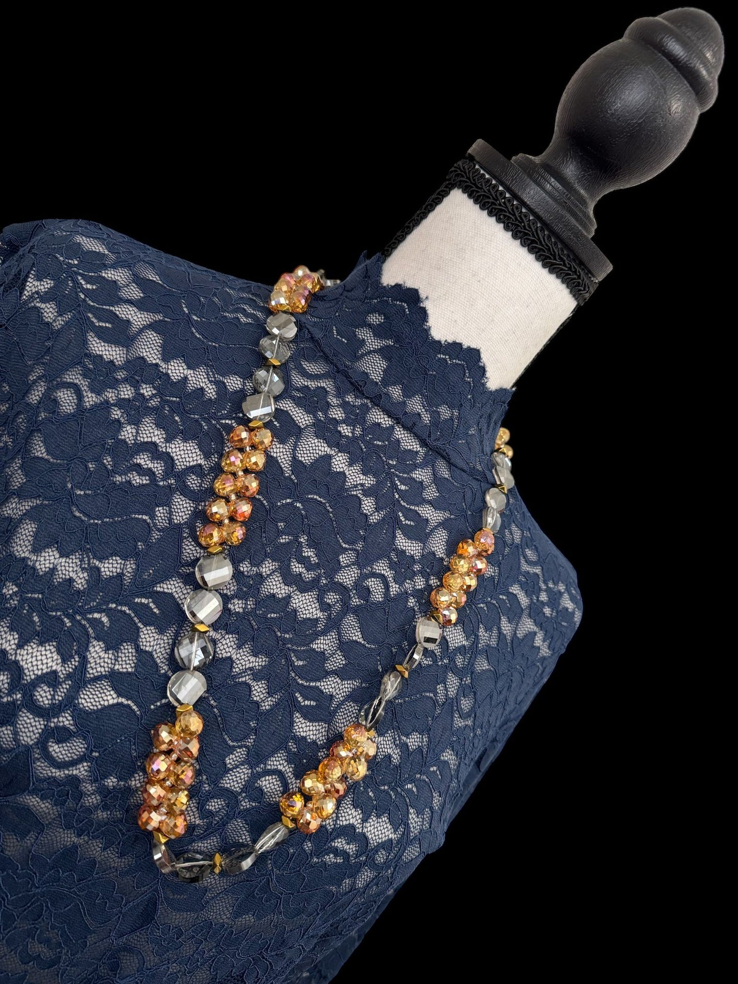 Flat Button Shaped & Round Crystal Long Necklace Gray & Orange