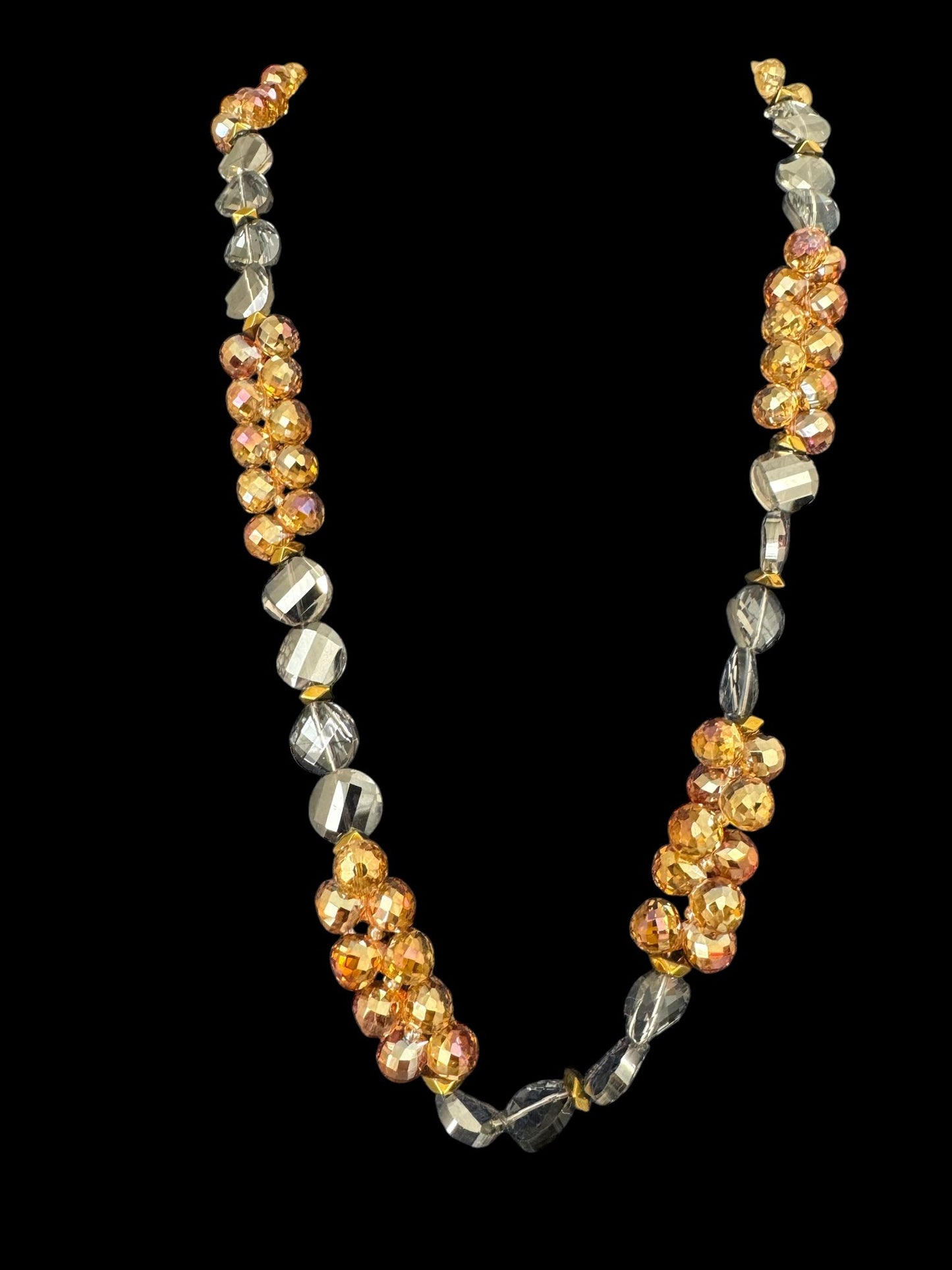 Flat Button Shaped & Round Crystal Long Necklace Gray & Orange
