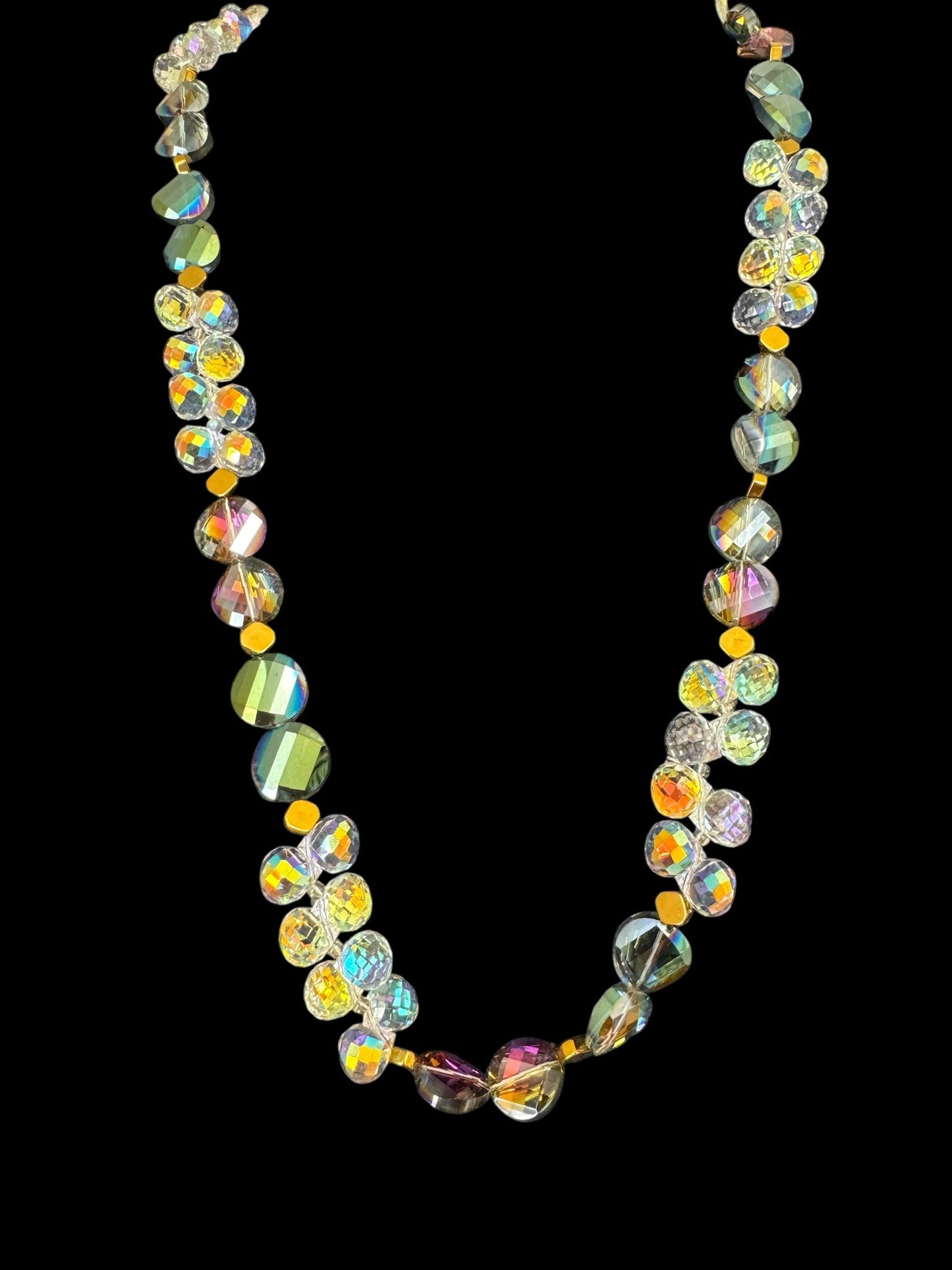 Flat Button Shaped & Round Crystal Long Necklace Rainbow