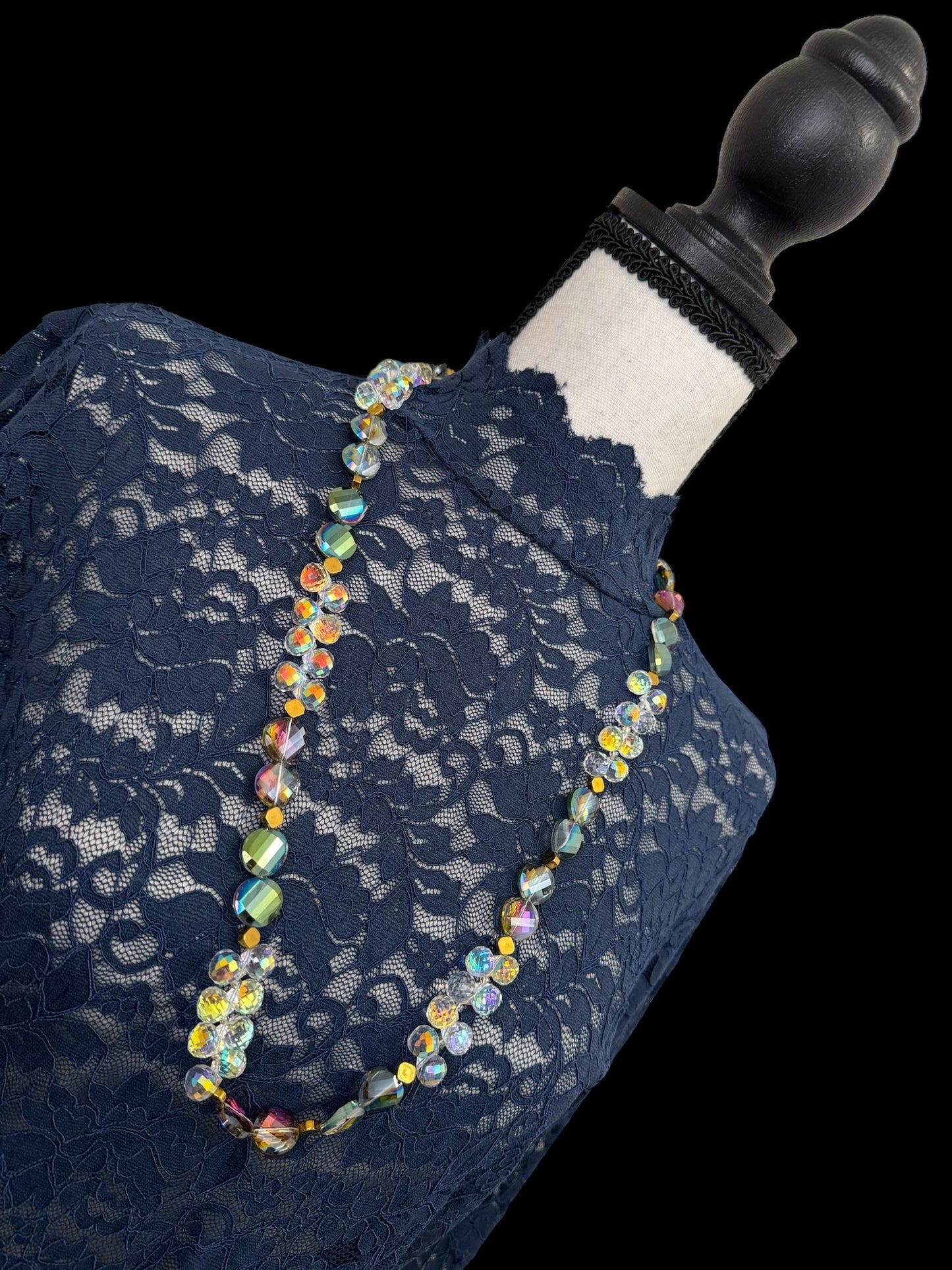 Flat Button Shaped & Round Crystal Long Necklace Rainbow