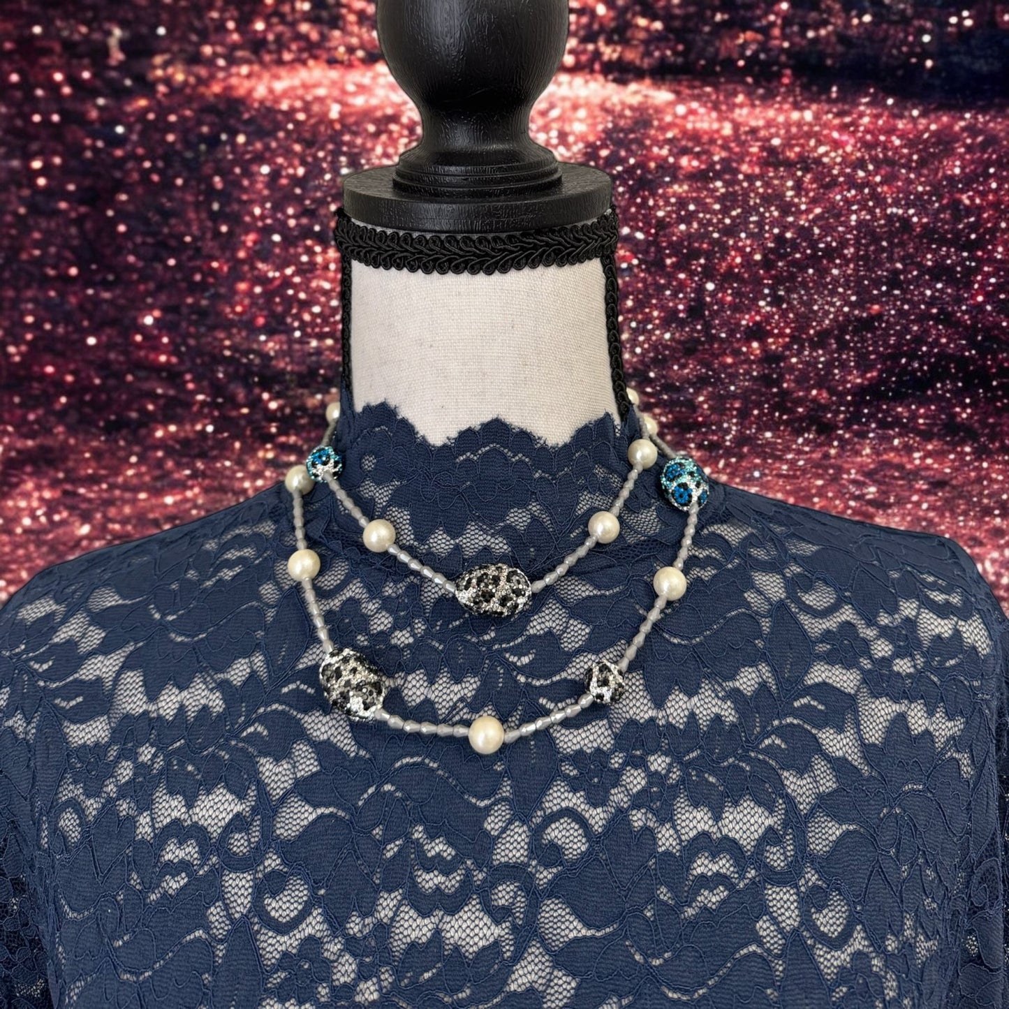 Long Crystal Necklace with Swarovski Elements and shell Pearls Black