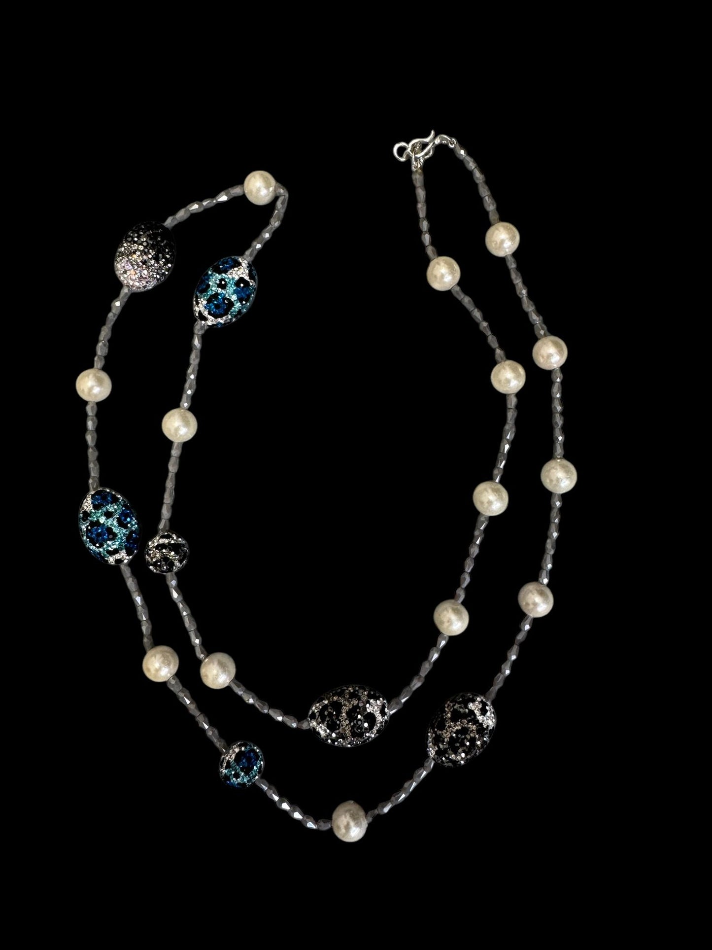 Long Crystal Necklace with Swarovski Elements and shell Pearls Black