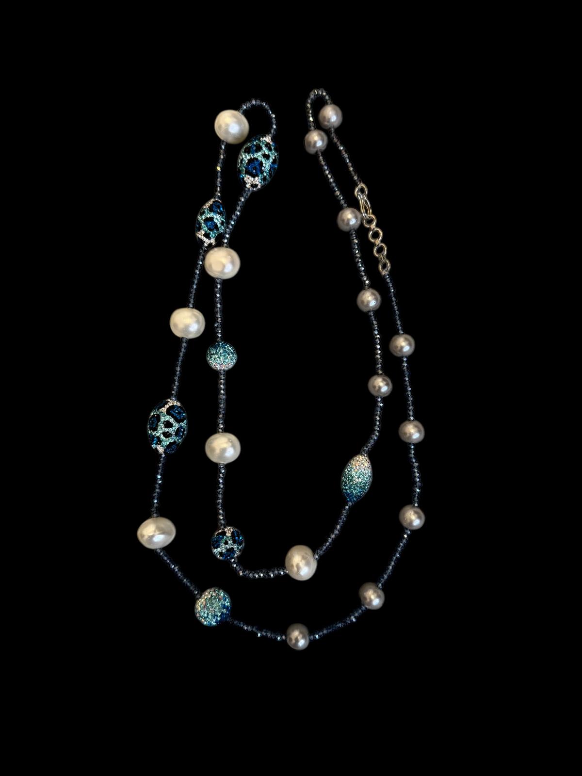 Long Crystal Necklace with Swarovski Elements and shell Pearls Blue