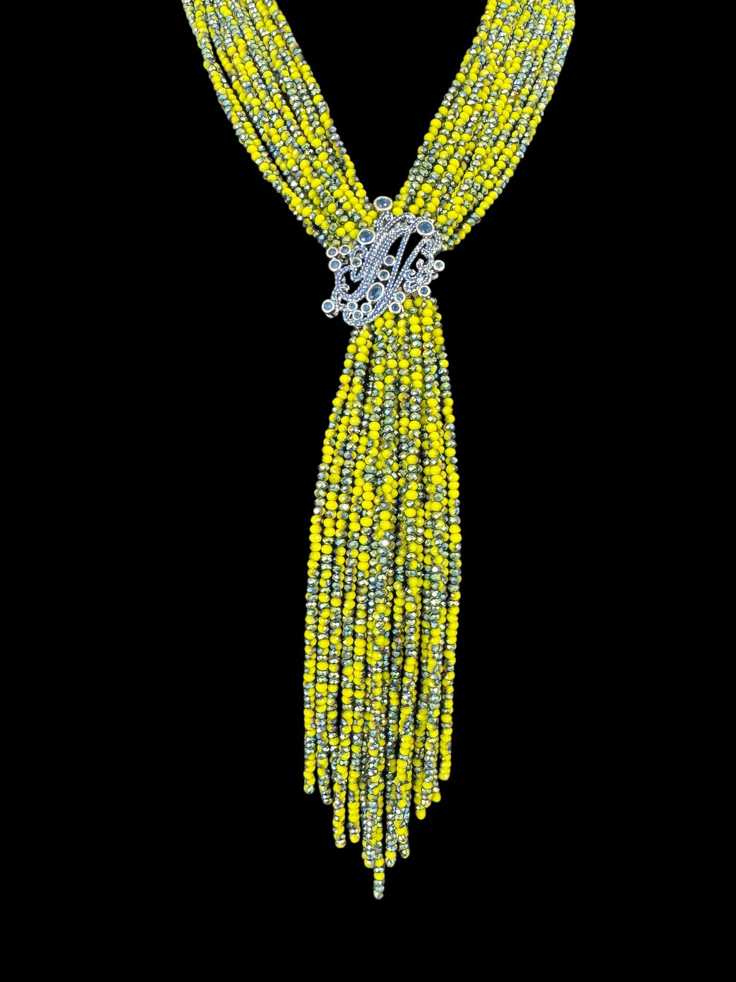 Tie Style Long Beaded Necklace with Pendant Yellow