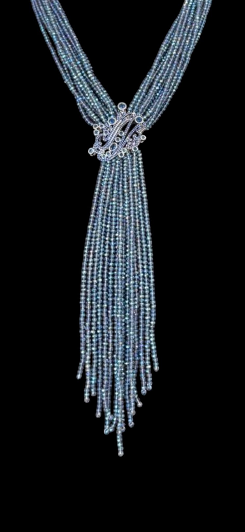 Tie Style Long Beaded Necklace with Pendant Navy