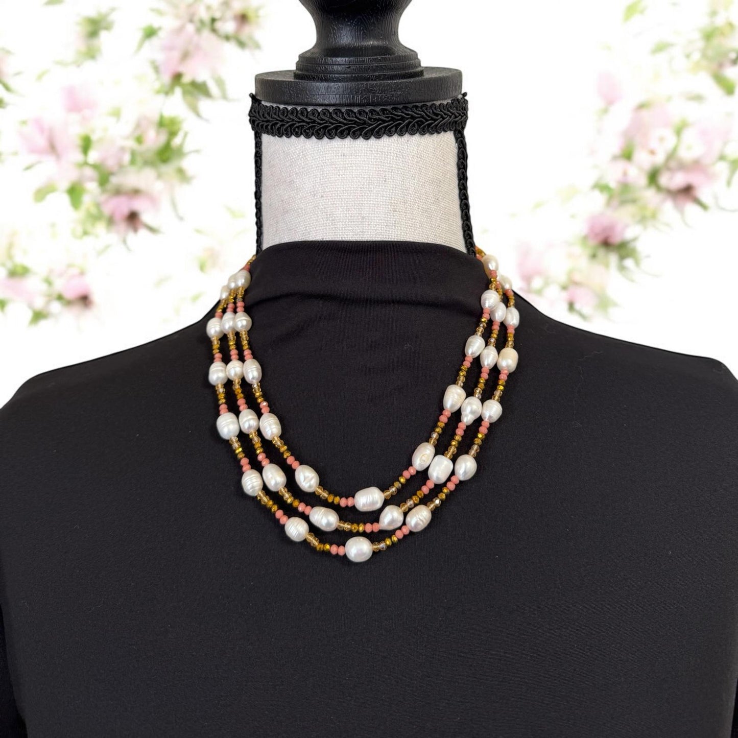Fresh Water Pearl Tricolored 3 Layer Short Necklace Orange