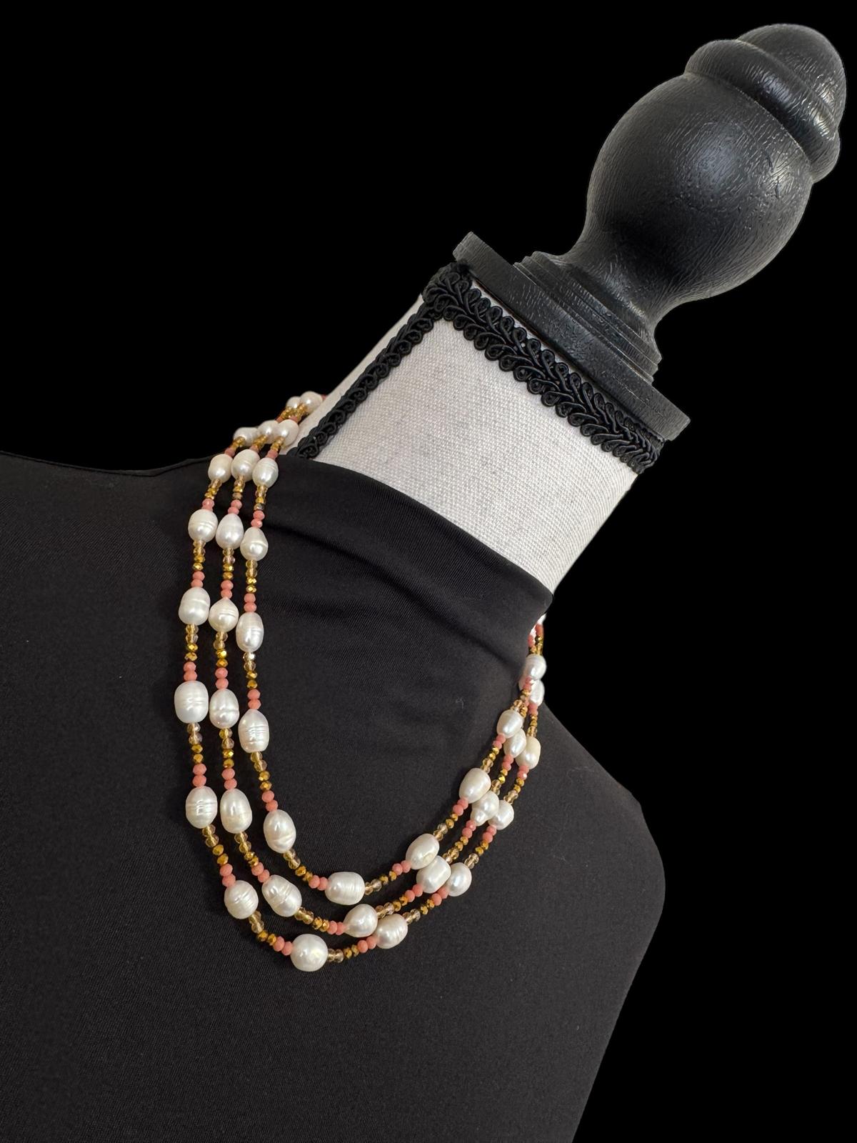 Fresh Water Pearl Tricolored 3 Layer Short Necklace Orange