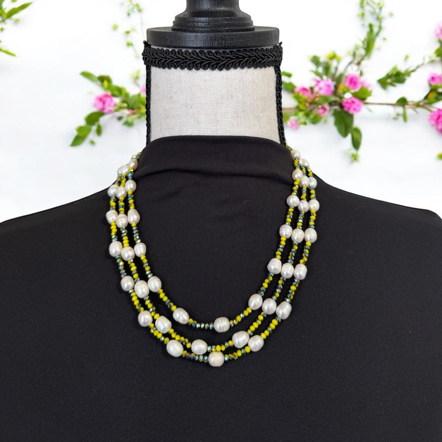 Fresh Water Pearl Tricolored 3 Layer Short Necklace Yellow