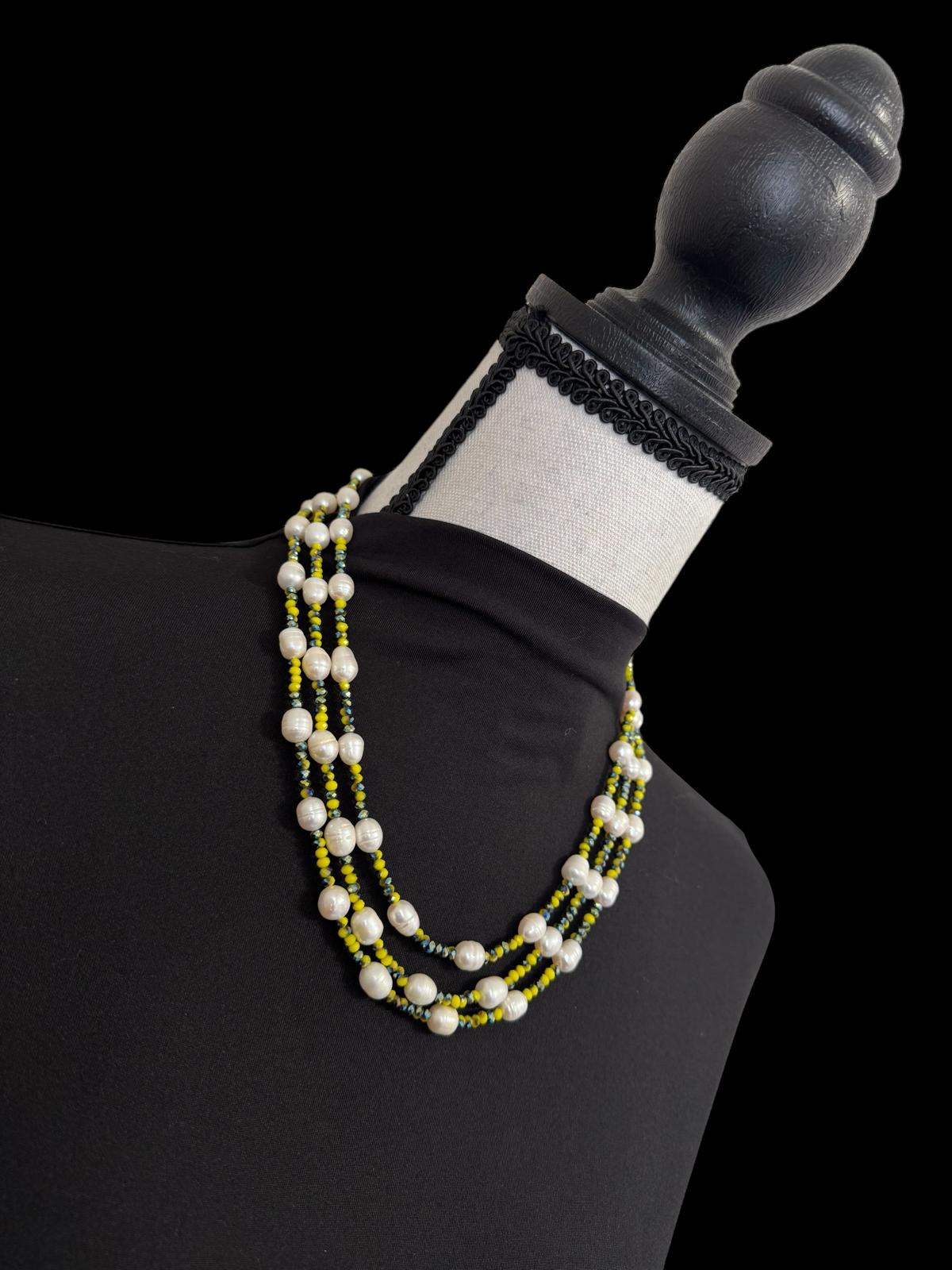 Fresh Water Pearl Tricolored 3 Layer Short Necklace Yellow