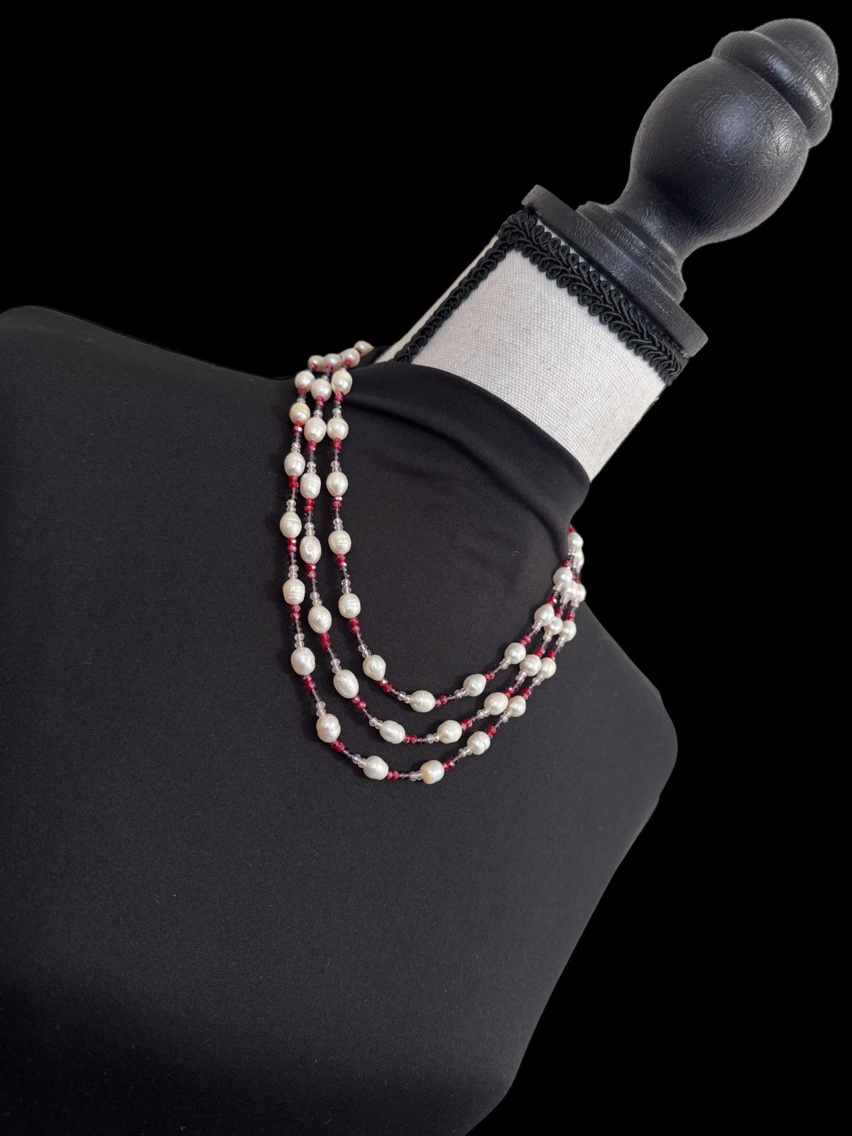 Fresh Water Pearl Tricolored 3 Layer Short Necklace Red