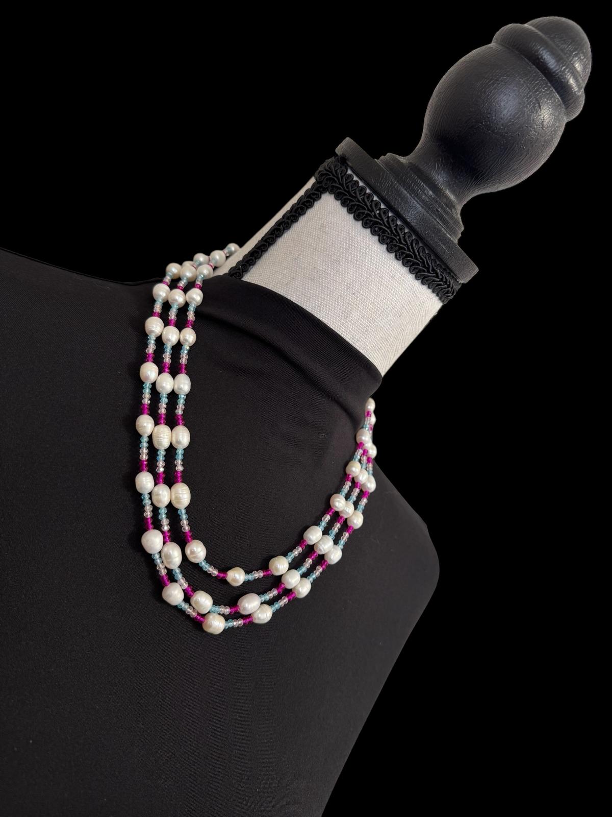 Fresh Water Pearl Tricolored 3 Layer Short Necklace Pink