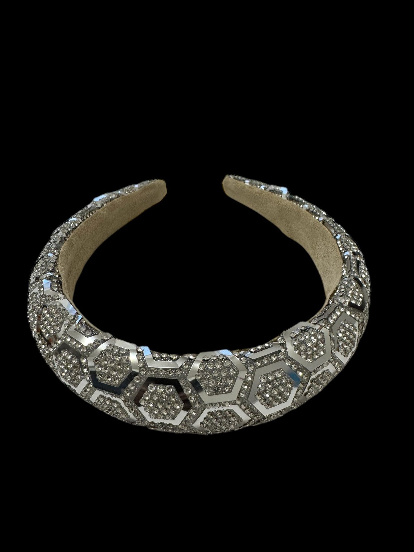 2 " Inch Honey Bee Hive Pattern Rhinestone Padded Crystal Headband Silver
