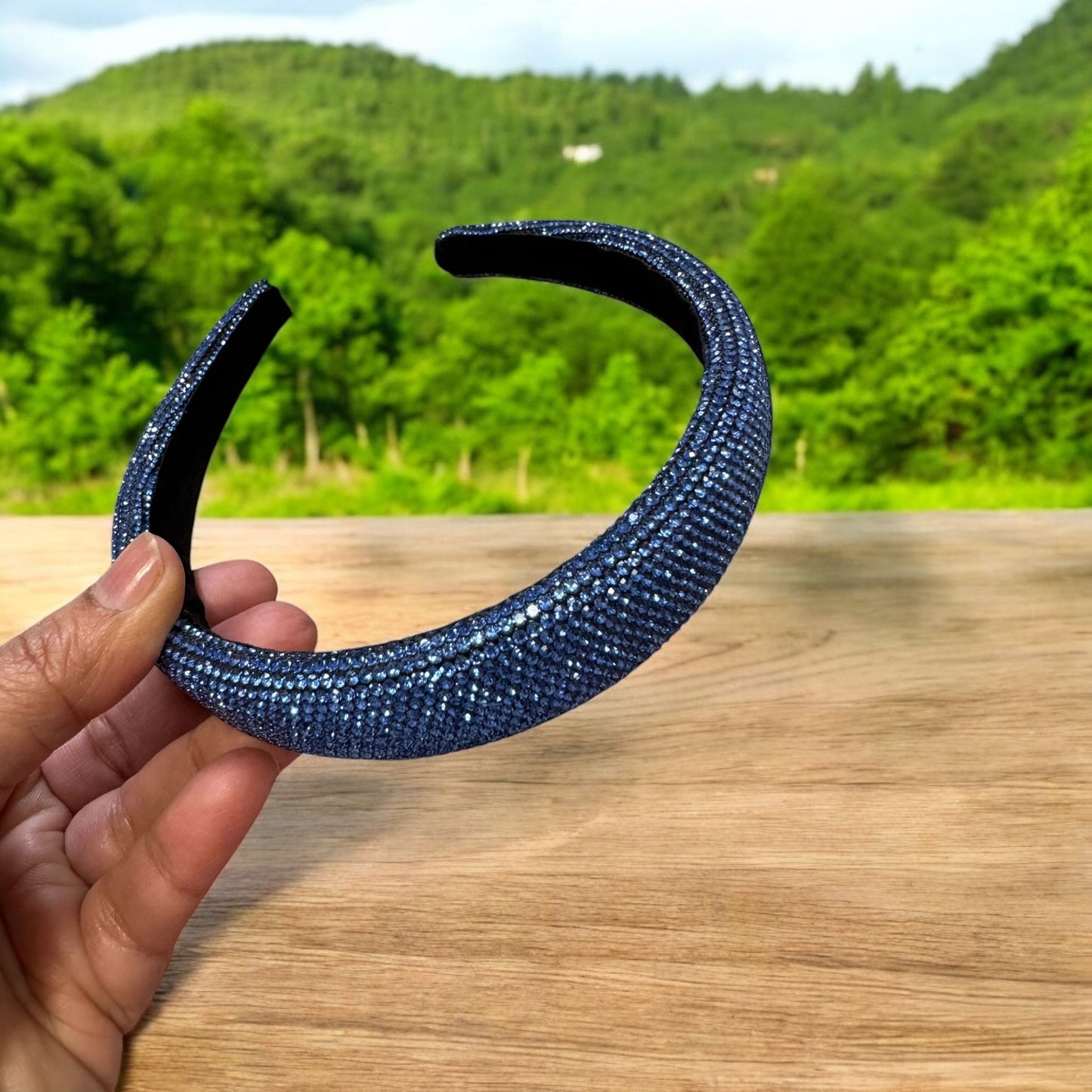1" Inch Rhinestone Crystal Padded Headband Blue