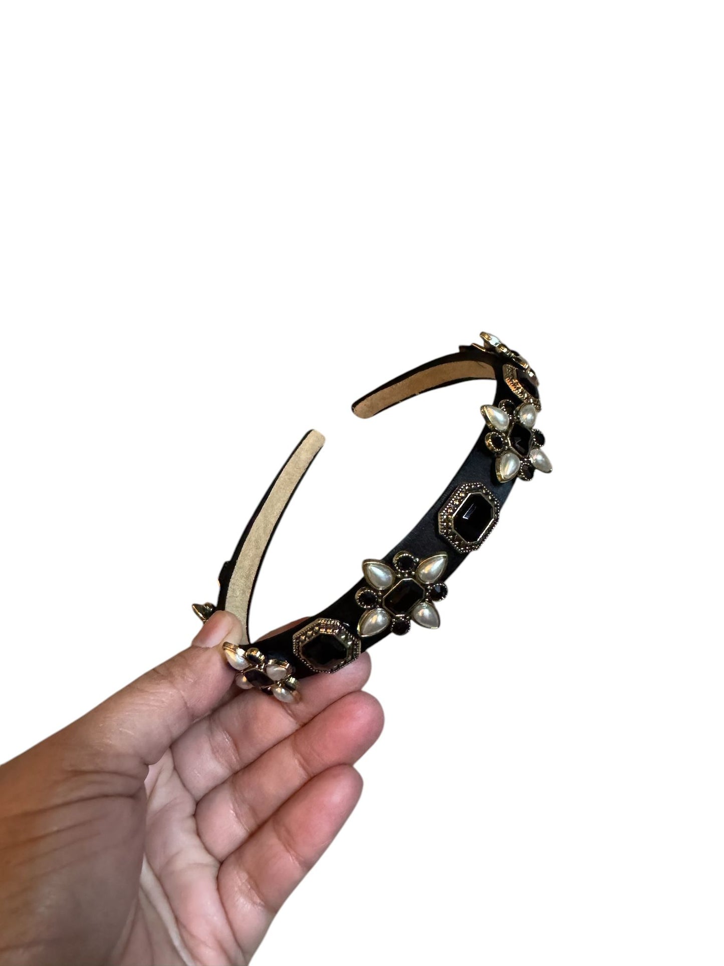 Headband Satin 1/2 Inch Flower and Square Ornamental Stones Black