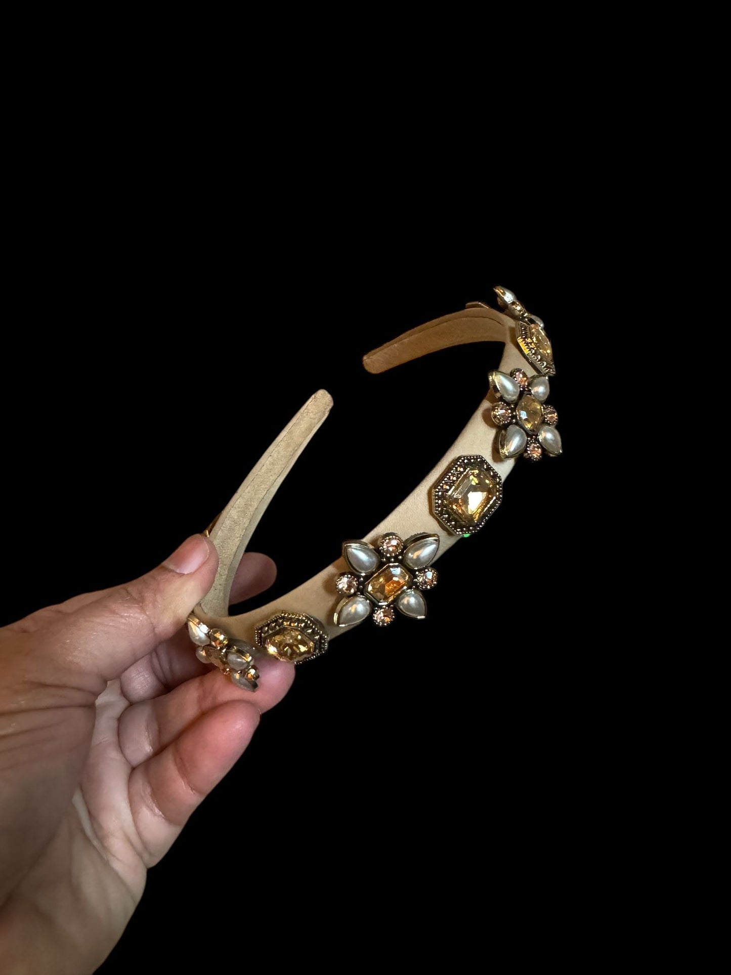 Headband Satin 1/2 Inch Flower and Square Ornamental Stones Beige
