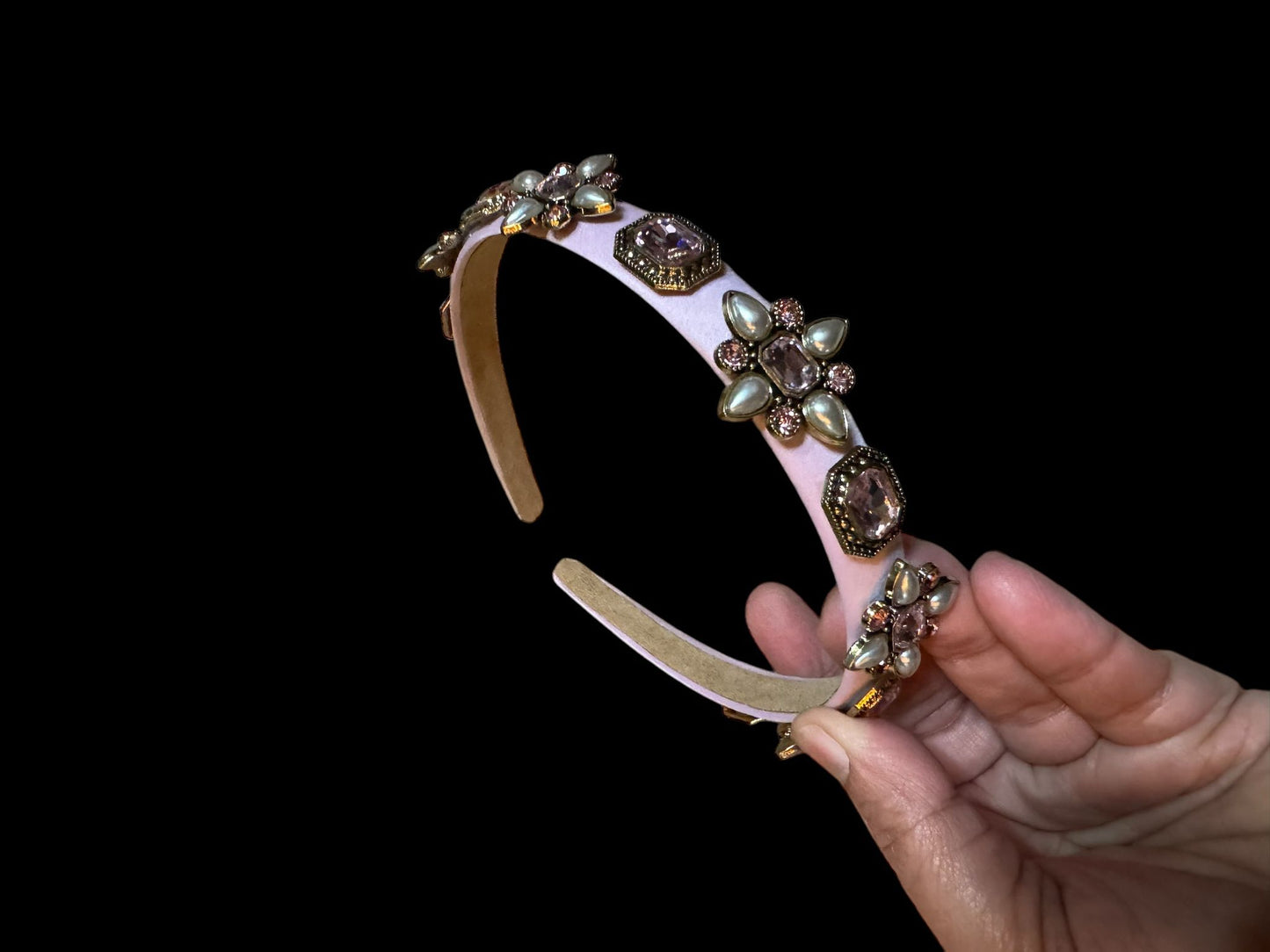 Headband Satin 1/2 Inch Flower and Square Ornamental Stones Rose Gold