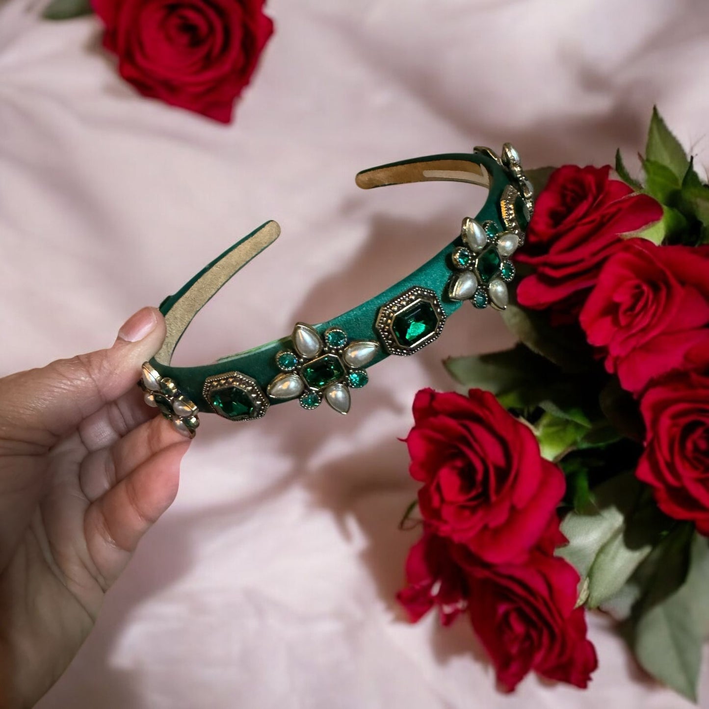 Headband Satin 1/2 Inch Flower and Square Ornamental Stones Green