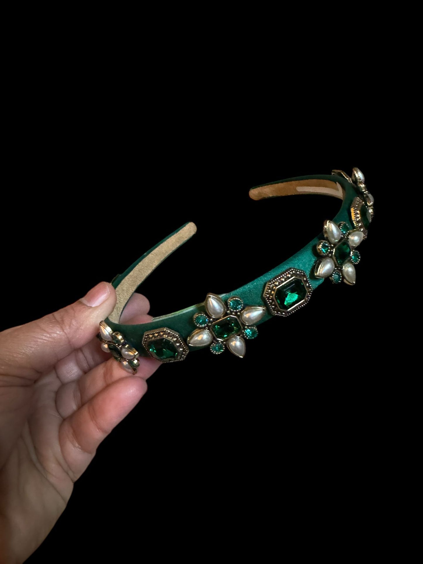 Headband Satin 1/2 Inch Flower and Square Ornamental Stones Green